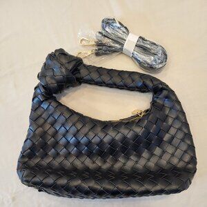 Black Leather Woven Knot Purse Hobo Handbag Shoulder Bag Y2k Boho Slouchy